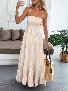 Look-Polly 女士夏季连衣裙，吊带露背修身长裙，荷叶边下摆，无袖性感连衣裙，适合海滩、度假、派对等场合，优雅迷人。 - 杏色 - 查看 2