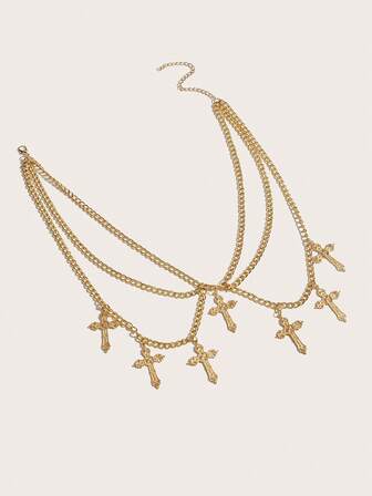 1pc Fashionable Women's Punk Style Cross Tassel Decor Multi-Layer Chain Belt, Suitable For Casual Wear, Streetwear, Dance, Campus, Rock, Party, Music Festival