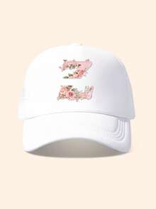 1pc White & Pink Rose Embellished Letter Design Trucker Hat, Customizable 26 Letter Text, Name, Birthday, Fashion Breathable Hollow Sunshade Baseball Cap, Suitable Gift For Friends & Kids, Spring/Summer - White - View 15