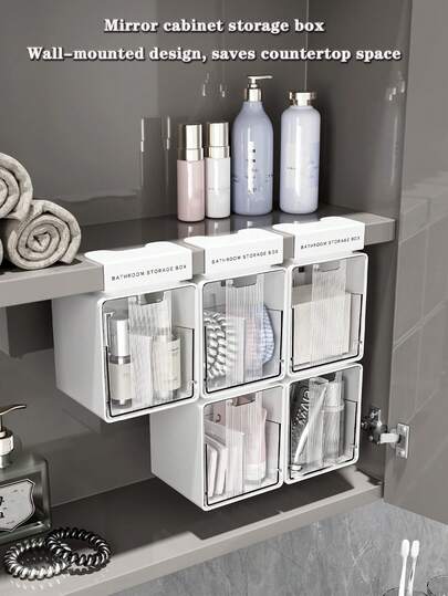 1个镜柜抽屉收纳盒，层叠式储物盒，带挂钩，U型开口设计，非常适合浴室收纳。纤薄节省空间，大容量，适合收纳化妆品、发饰、口红、粉扑等——让您的浴室整洁有序。