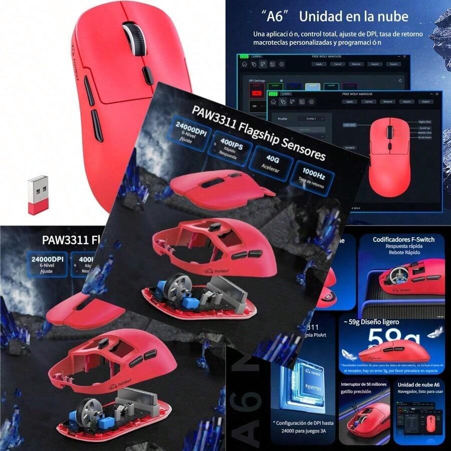 Free wolf A6 Mouse Gamer Mouse Inalámbrico con Bluetooth/2.4G/USB-C hasta 24000 dpi Ratón Gamer Recargable para Windows Rojo - Rojo - Ver 1