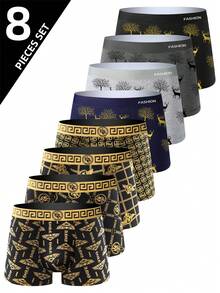 8条装男士奢华黑金印花平角内裤，透气舒适，弹性运动内裤，休闲耐穿日常穿着 - 彩色 - 查看 1