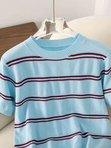 Light Blue Striped Loose Crew Neck Contrast Color Knit Sweater, Women's Versatile Summer New Short Sleeve Top, Striped Ribbed Casual Beach Wear Spring - Baby Blue - View 3