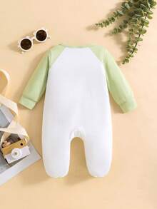 1件可爱卡通动物印花长袖婴儿连体衣，适合春、夏、秋季穿着的婴儿连脚套。 - 綠色 - 查看 2