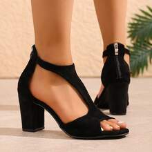 New Fashion Open Toe Zipper Chunky Heel Fishmouth Strap Sandals, Stylish High Heels - Black - View 9