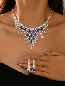 Vintage Full Diamond Jewelry Set - Palace Style Necklace + Earrings, High-End Bridal Banquet Jewelry - Royal Blue - View 1