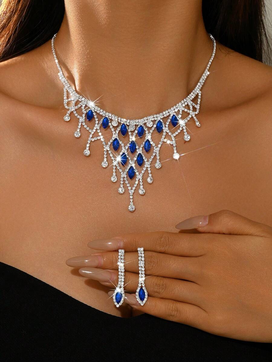 Vintage Full Diamond Jewelry Set - Palace Style Necklace + Earrings, High-End Bridal Banquet Jewelry - Royal Blue - View 1