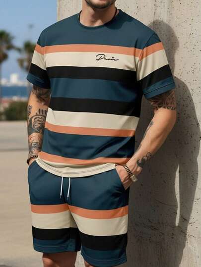 Bộ áo thun tay ngắn in sọc tương phản và quần short cho nam