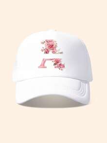 1pc White & Pink Rose Embellished Letter Design Trucker Hat, Customizable 26 Letter Text, Name, Birthday, Fashion Breathable Hollow Sunshade Baseball Cap, Suitable Gift For Friends & Kids, Spring/Summer - White - View 18