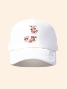 1pc White & Pink Rose Embellished Letter Design Trucker Hat, Customizable 26 Letter Text, Name, Birthday, Fashion Breathable Hollow Sunshade Baseball Cap, Suitable Gift For Friends & Kids, Spring/Summer - White - View 22