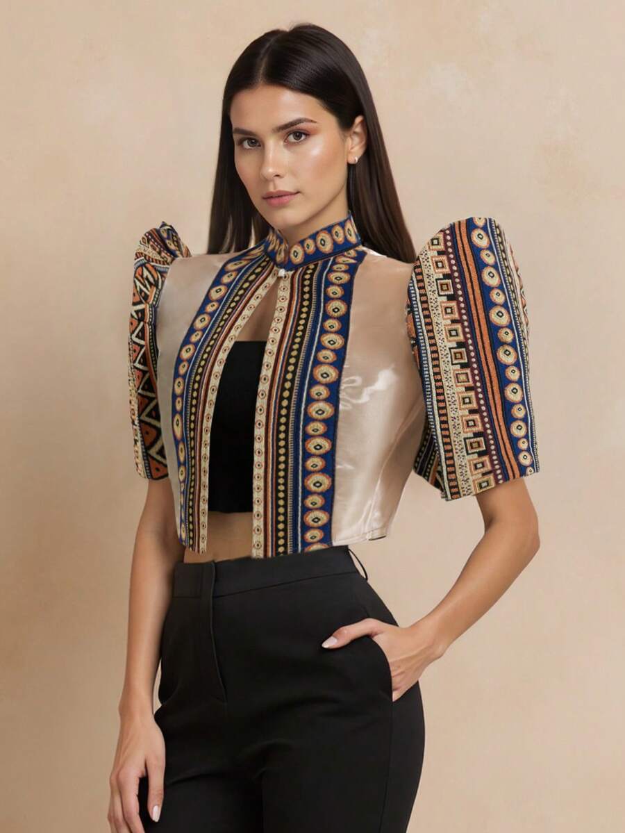 1件 Amyenjoylife 现代菲律宾风格女式衬衫，时尚半透明拼接立领设计，优雅衬衫，纽扣开襟，春夏款，蝴蝶袖菲律宾风格，女士菲律宾短外套 - 金色 - 查看 1