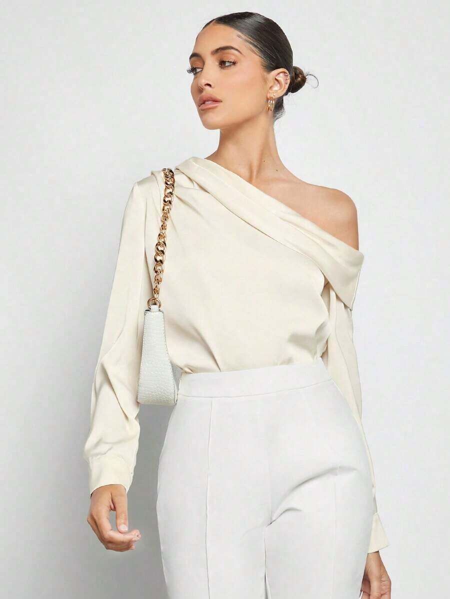Blusa de satén con cuello asimétrico y volantes para mujer, camisa elegante de manga larga para el trayecto urbano, casual de negocios y ocasiones formales - Albaricoque - Ver 1