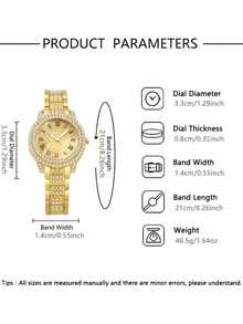 6件套优雅奢华女士石英手表套装，女士黄金配饰和珠宝套装，包括一款镶满水钻的罗马数字表盘金属表带石英手表、一条水滴形金手链、以及配套的水滴形项链和耳环。 - 金色 - 查看 3