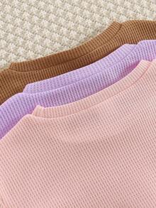 3 Sets (6pcs) Girls Casual Solid Color Soft Comfortable Waffle Knit Fabric With Ruffle Short Sleeve Top And Shorts Set, Suitable For Outdoor Wear, Spring/Summer - Multicolor - View 4