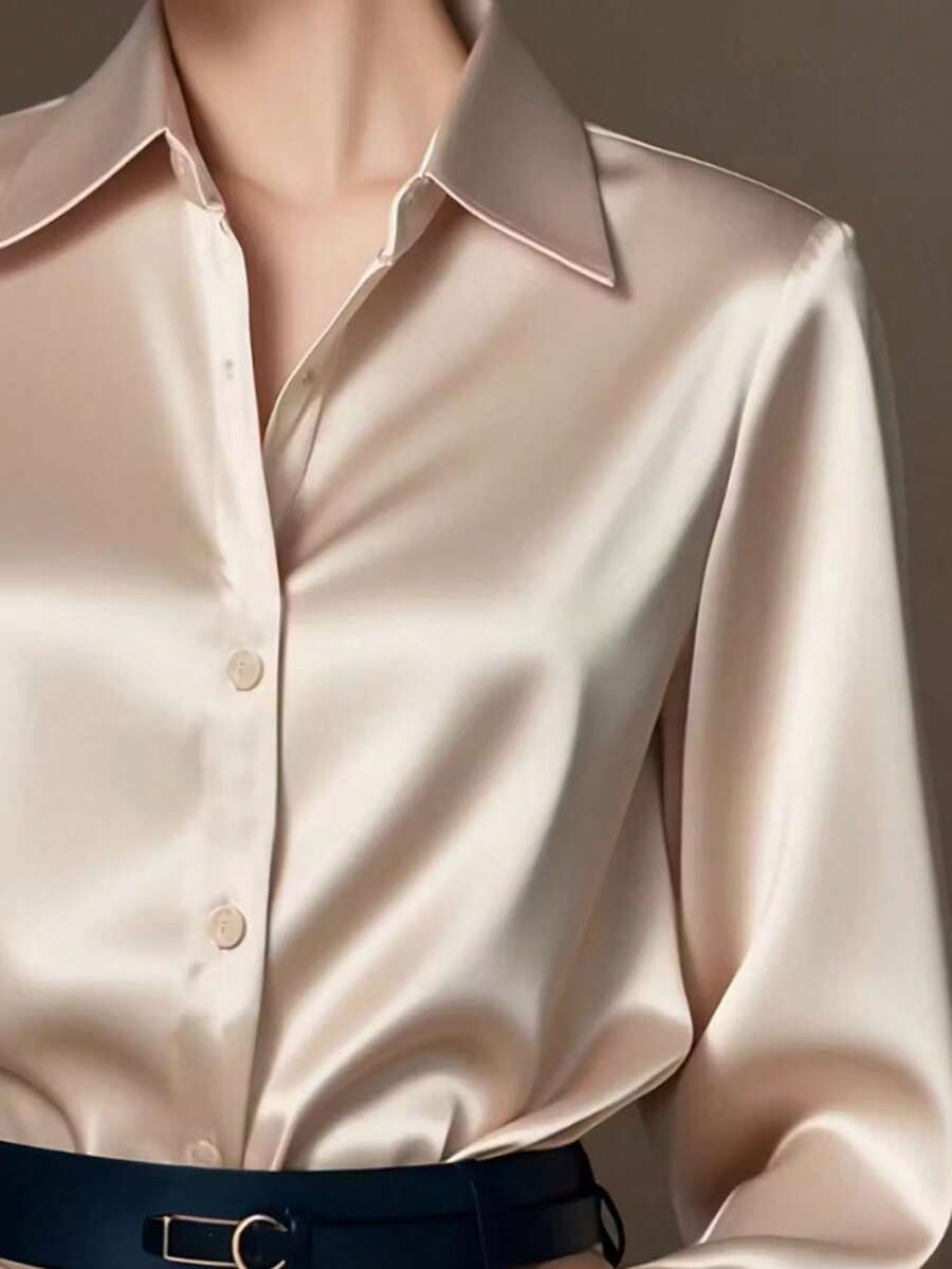 女士休闲商务简约纯色长袖衬衫,春秋季 - 香檳色 - 查看 1