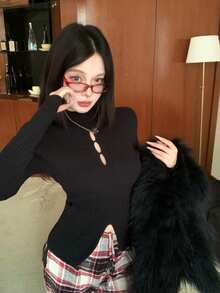 Black Hollow Stand Collar Long Sleeve T-Shirt, Sexy Style, Slim Fit Knit Sweater Top, Spring New Arrival 2026 - Black - View 6