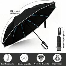 Paraguas Plegables Automático con Hebilla de Anillo y Cinta Reflectante,Paraguas de Bolsillo para Lluvia y Sol,UPF 50+,Resistente al Viento e Impermeable - Negro - Ver 4