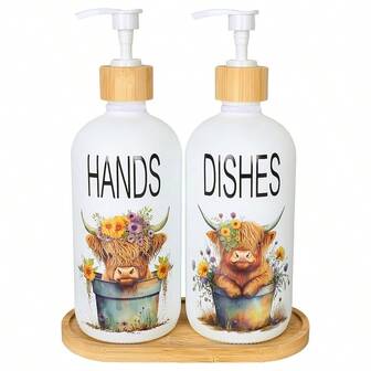2 pezzi Dispenser di sapone con mucca delle Highlands e vassoio, dispenser in plastica con motivo floreale e mucca in stile fattoria, con pompa, contenitore ricaricabile per sapone liquido per decorazione di bagno e cucina