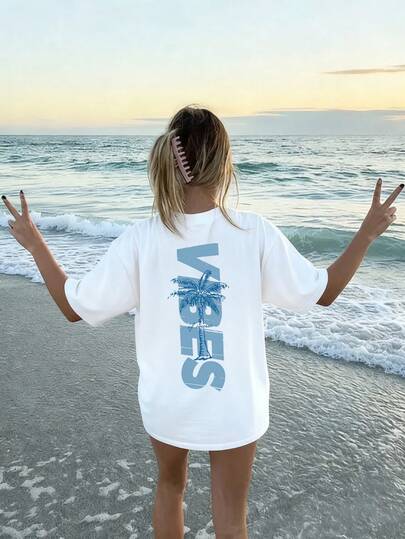 Women's Minimalist Tree Slogan Print Casual Round Neck Short Sleeve T-Shirt, Versatile For Daily And Vacation Wear, Available In White, Black, And Pink