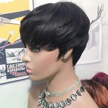 Pixie Wigs For Black Wig Natural Black Short Wigs For Black Glueless Short Black Layered Pixie Cut Wig With Bangs - màu đen - Xem 5