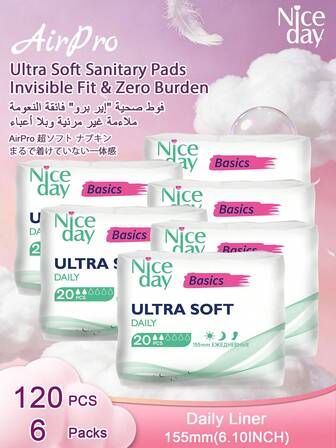 Niceday 120 piezas/80 piezas/60 piezas/40 piezas/20 piezas Toallas sanitarias súper suaves de 155 mm para uso diario, protectores diarios, almohadillas nocturnas ultra delgadas, almohadillas de cuidado menstrual transpirables, absorben flujo abundante, mantienen el área íntima seca y sin picazón