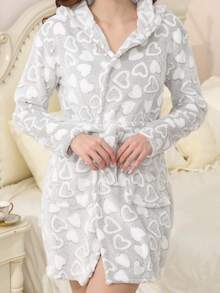 新款秋冬法兰绒女士睡袍，灰白爱心图案，带抽绳连帽中长款家居服 - 白色 - 查看 4