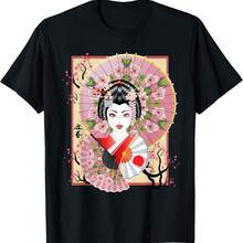 Geisha Girl Vintage Sakura Cherry Blossom Flowers T-Shirt - Negro - Ver 1