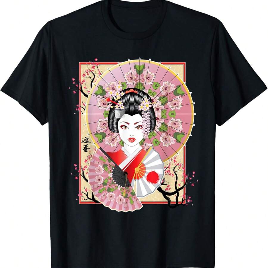 Geisha Girl Vintage Sakura Cherry Blossom Flowers T-Shirt - Negro - Ver 1
