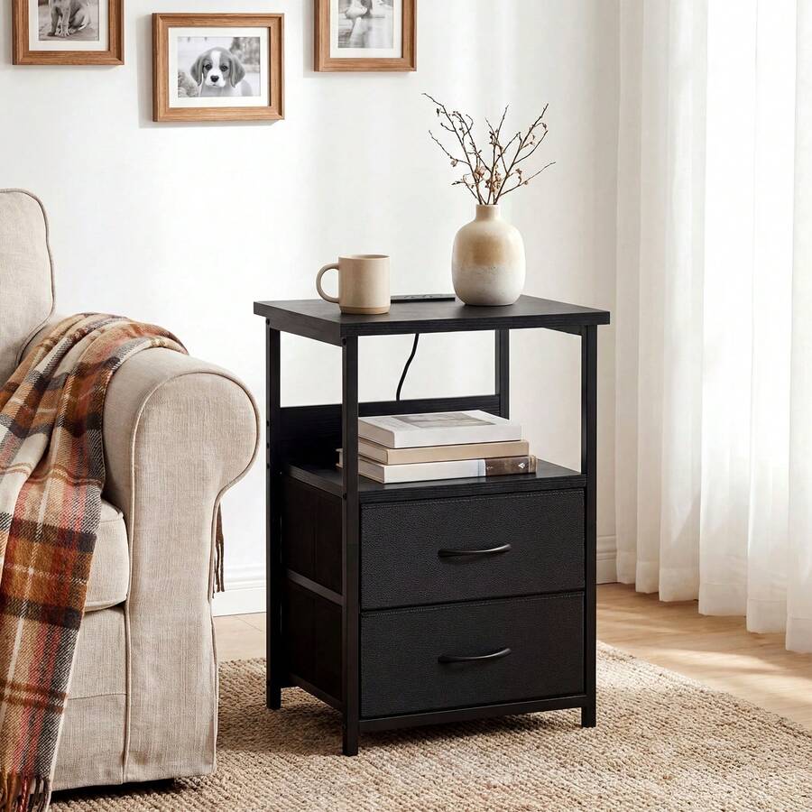 Tomnk Nightstand With Charging Station, LED Light, USB Ports & Outlets - Includes 2 Fabric Storage Drawers With PU Finish In Black / White / Rustic Brown - View 1
