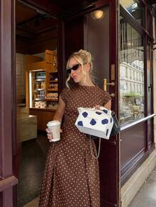 Lightweight All-Over Print Patchwork Casual Party Elegant Loose Dress, Suitable For Holiday And Vacation Summer - Brown - View 5