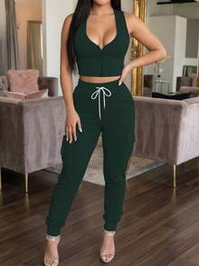 Conjunto de 2 piezas de verano para mujer, top sin mangas de unicolor cómodo y casual, y pantalones con bolsillo y cintura elástica - Verde oscuro 23 - Ver 3