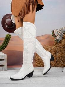 Elegant Women's Slimming Western Boots, New 2025 Model Over-The-Knee Long Boots With Embroidery, Chunky Heel High Heel Retro Riding Boots - White - View 5