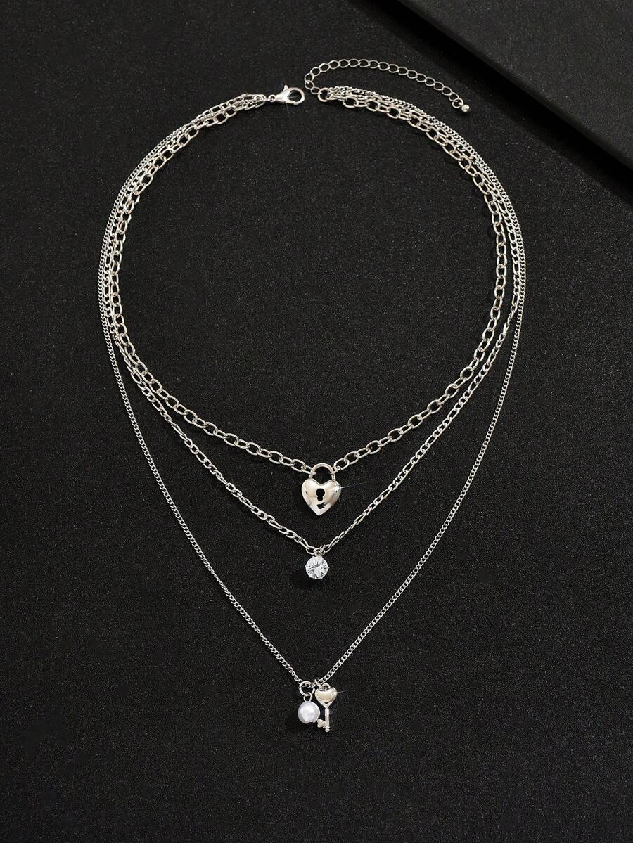 Dây chuyền kim loại nhiều lớp thanh lịch, thời trang với mặt dây chuyền hình khóa pha lê, phù hợp cho phụ nữ mặc hàng ngày và dự tiệc. - Bạc - Xem 1