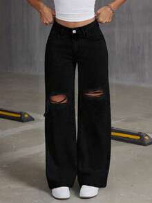 Jeans azul claro rasgados de moda para adolescentes. Elegante y versátil para todas las estaciones, pantalones vaqueros esenciales dulces y elegantes. - Negro - Ver 3