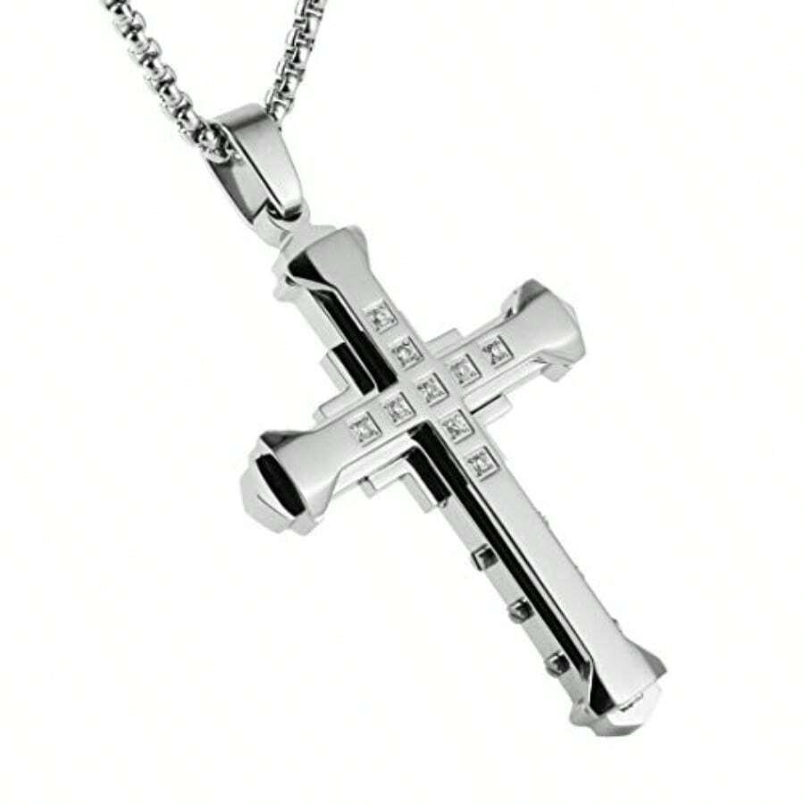HZMAN Religion - Collar grande de acero inoxidable bizancio con circonita cúa para hombre cadena de 22 + 2 pulgadas Acero inoxidable Circonia cúa-0142 - como en la foto - Ver 1