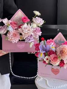 1 Set Envelope Flower Gift Box, Designed As A Love Letter, Bouquet Gift Box With Handle, Suitable For DIY Flower Arrangement, Wedding, Valentine's Day, Graduation Party Small Gifts, Party Decoration, Foldable Flower Packaging, Reusable (Comes With Pearl Chain) - 彩色 - 查看 8