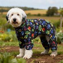 BJAYPET 中大型犬睡衣，时尚狗狗爪印灰黑色长袖连体家居服，适合中大型犬，宠物高领爪印露肚皮四肢装，秋冬季 - 黑色 - 查看 4
