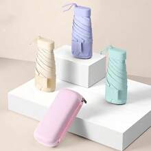 Solid Color Minimalist Portable Folding Umbrella With Storage Box, Lightweight UV Protection Durable Rain Umbrella, Unisex