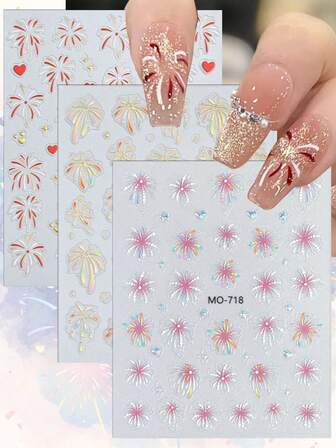 3 Sheets Firework Nail Art Stickers, Holographic Sparkle Explosion Decals For Festival Party Glitter Manicure Designs