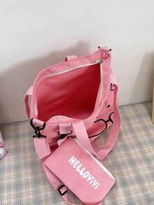 帆布手提袋，适合学生，单肩包，斜挎帆布包，多功能大容量背包 - 西瓜粉 - 查看 4