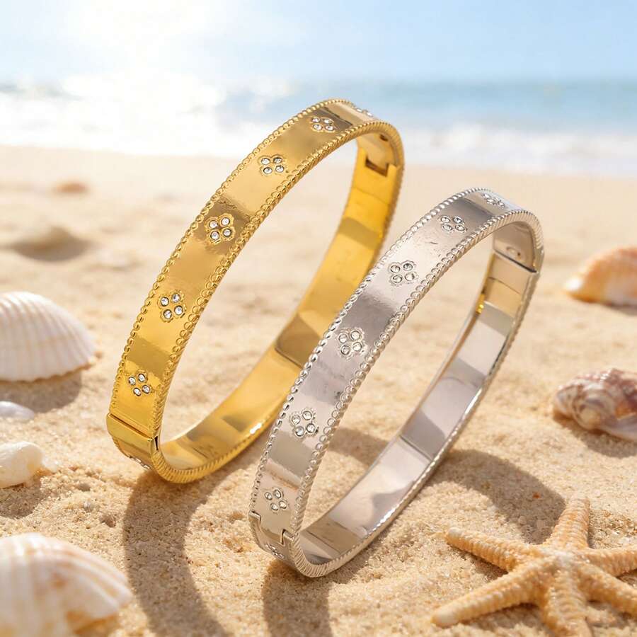 Fashionable Sparkling Four-Leaf Clover Bracelet, Stainless Steel Zirconia Decorated Women's Bracelet, Suitable For Daily Wear And Gatherings, Excellent Jewelry Gift For Holidays - B323 - View 1