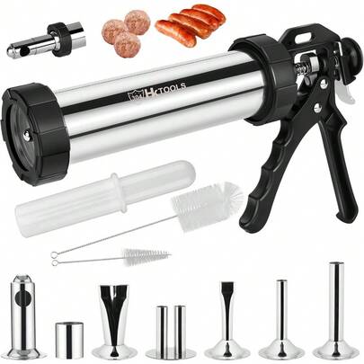 HK Meatball Maker Tool 2.5 LB Stainless Steel Sausage Stuffer Meatball And Jerky Gun With 6 Stainless Nozzles 2 Cleaning Brushes 1 Stomper For Party BBQ Gifts