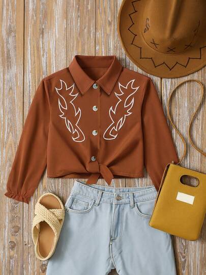 Camisa abotonada con cuello y bordado de llama, estilo bohemio elegante para exteriores, adecuada para primavera/otoño, uso diario, viajes