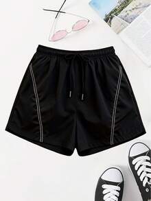 Women's Summer Casual Shorts With Distinct White Side Stripes, Suitable For Outdoor, Sports, Workouts And Daily Wear - Black - View 4
