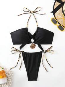 Bikini con laccetti e scollo a canottiera, adatto per la spiaggia e le vacanze - nero - Visualizzare 8