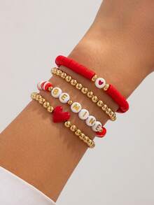 情人节限量版红金手链套装（4件套） - “BE MINE”字母串珠心形吊坠，多层珍珠手链，送给女朋友、闺蜜的理想礼物