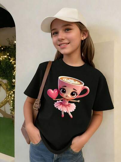 Tween Girls' Round Neck Cartoon Heart Print Casual Versatile Daily Wear Short Sleeve T-Shirt