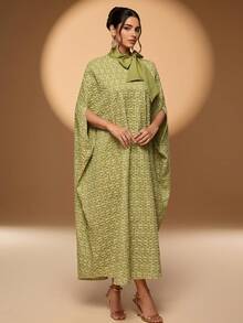 Modest Abaya With Tie Neck And Batwing Sleeves Long Woven Fabric Half Sleeve Design For Women - Green - View 3