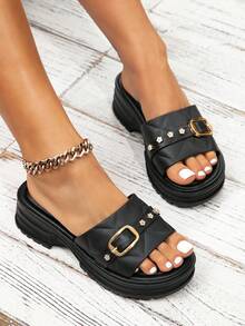 2024新款夏季女士厚底水晶装饰户外平底拖鞋，防滑软底，沙滩装，女士拖鞋 - 黑色 - 查看 2