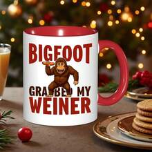 1Pc 1Pc Funny Bigfoot & Hot Dog Mug With "BIGFOOT GRAB MY WIENER" Text - Sasquatch Design Coffee Cup For Men, Son-In-Law Gifts, Christmas, Valentine'S - Novelty Ceramic Cup For Bigfoot Fans & Hot Dog Lovers - 11Oz Reusable & Hand Wash Only - Glossy White Exterior With Red Lettering & Bigfoot Holding Hot Dog Design - Perfect For Coffee & Tea - Unique Gift Idea For Bigfoot Enthusiasts, White Handle - White - View 7